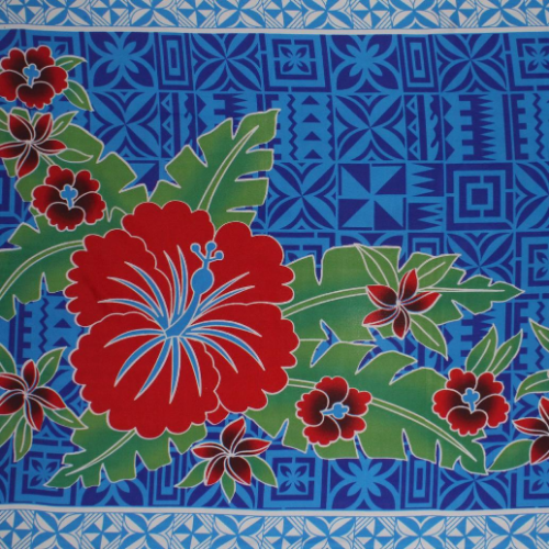 Blue with red flowers Samoan design with shells and geometric patterns on quick-dry polyester fabric