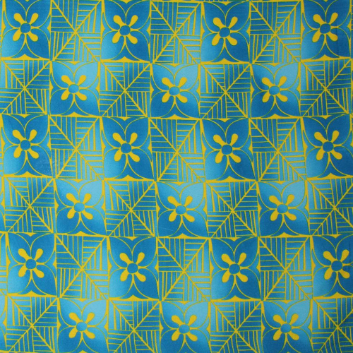 Neon blue and yellow Samoan tattoo and flower design in symmetrical pattern on quick-dry polyester fabric.