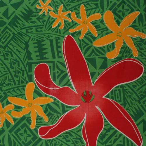Green Samoan tattoo design with red and yellow flowers and geometric patterns on quick-dry polyester fabric.