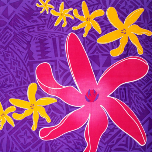 Purple Samoan tattoo design with pink flowers and geometric patterns on quick-dry polyester fabric.