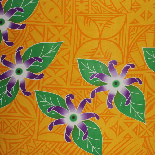 Yellow with orange Samoan design geometric patterns with purple flowers and green leaves on quick-dry polyester fabric