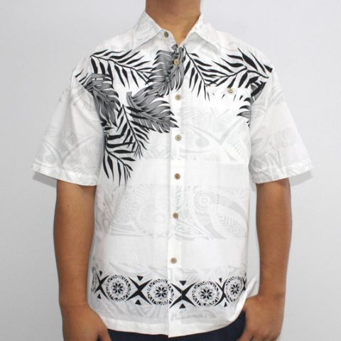 Samoan tattoo design men's button down shirt with pocket black and grey fern leaves on white tattoo print front side 100% polyester