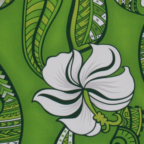 Green and white Samoan tattoo design with flowers and geometric patterns printed on 100% cotton fabric