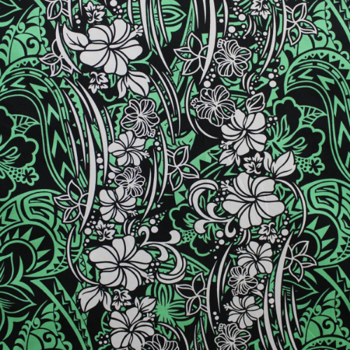 Mint green and white Samoan tattoo design flowers and geometric patterns on black background printed on 100% cotton fabric