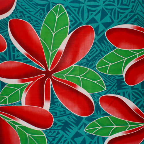 Blue Samoan tattoo design with red flowers and geometric patterns on quick-dry polyester fabric.