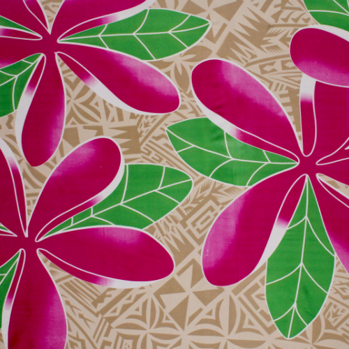 Cream Samoan tattoo design with pink flowers and geometric patterns on quick-dry polyester fabric.