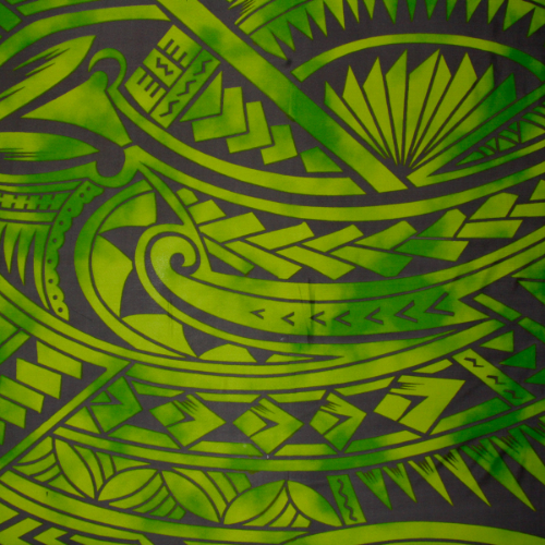 Lime green with grey background Samoan design with shells and geometric patterns on quick-dry polyester fabric