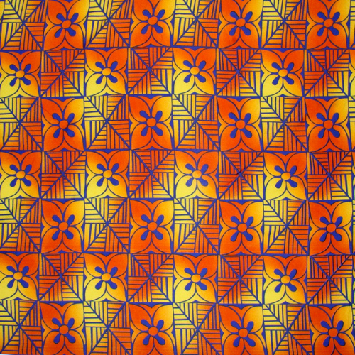 Sunset yellow and blue, Samoan tattoo and flower design in symmetrical pattern on quick-dry polyester fabric