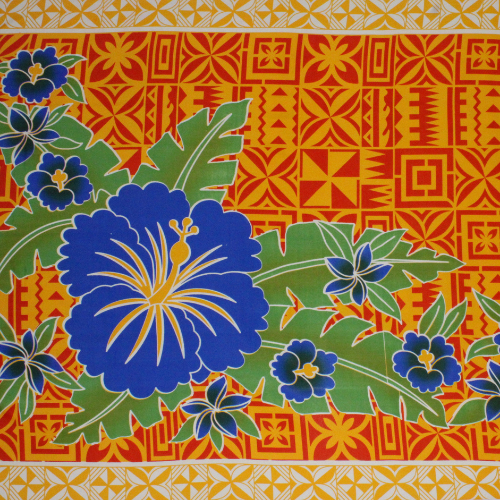 Yellow with blue flowers Samoan design with shells and geometric patterns on quick-dry polyester fabric