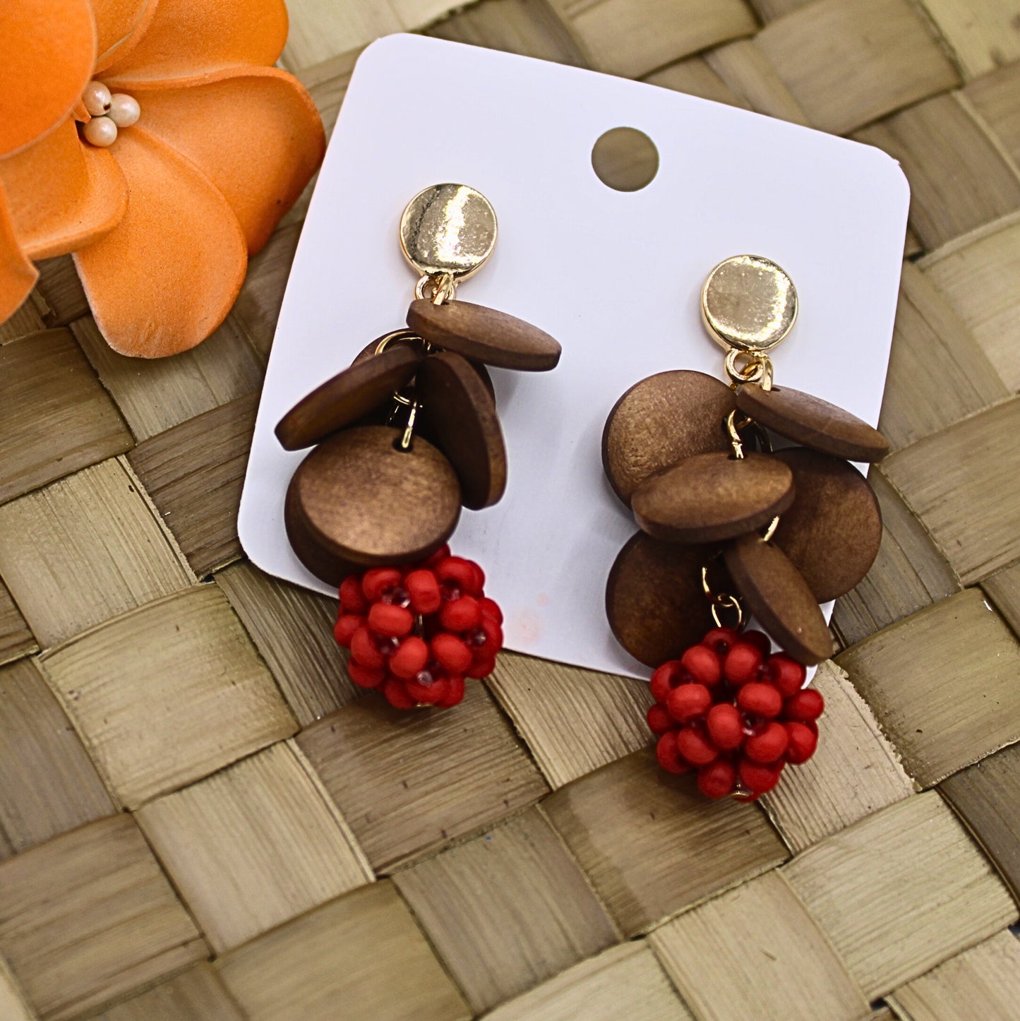 Round Wooden Ethnic Style Earrings with Red Beads - Authentic Samoan/ Polynesian Earrings