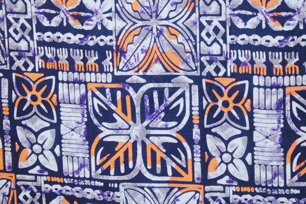 Samoan Design Dobby Cotton Print fabric; Navy Blue, white & Gray; Size: 46"x44"