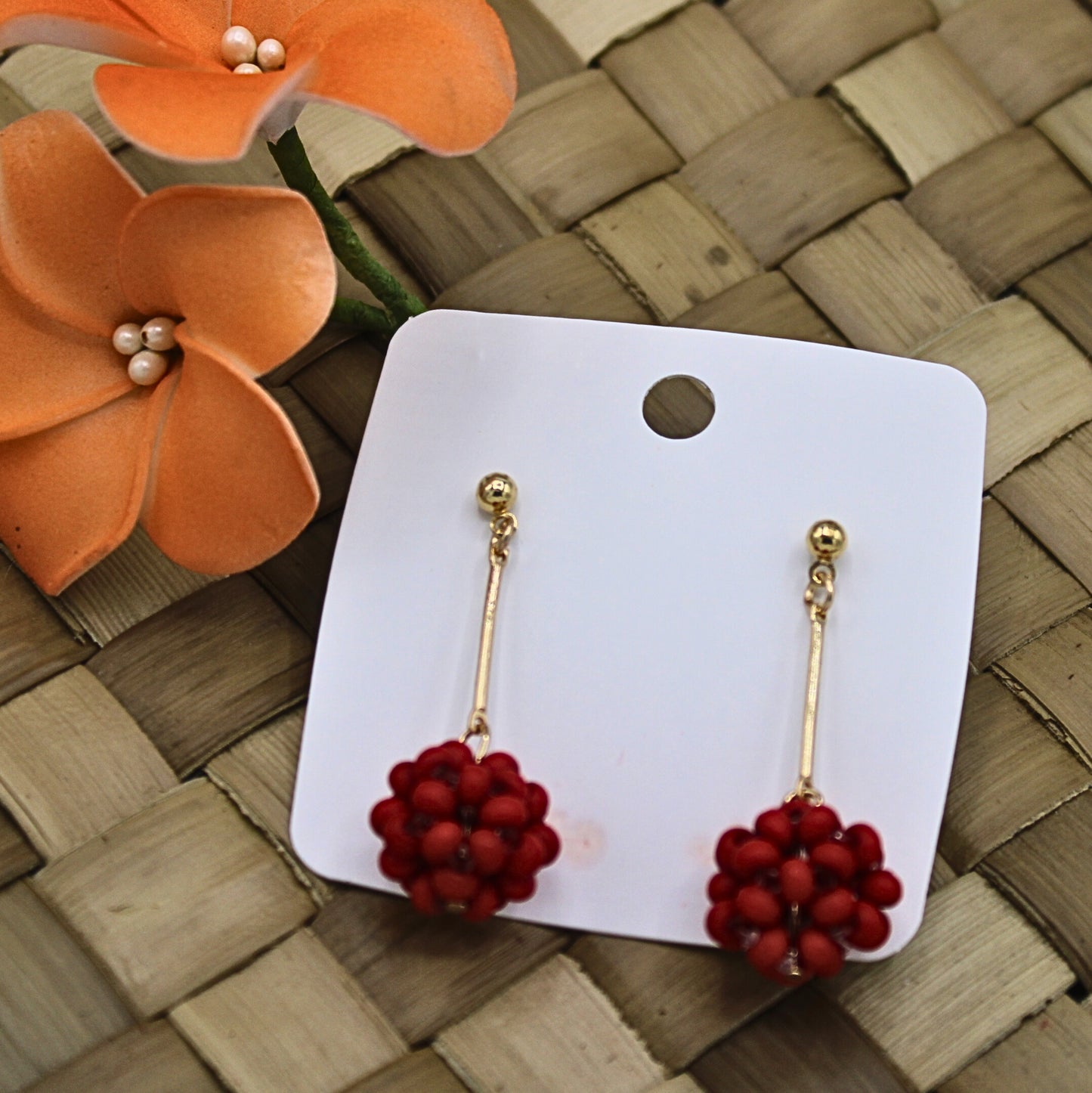 Wooden Beaded Red Round Drop Earrings - Authentic Samoan/Polynesian Earrings