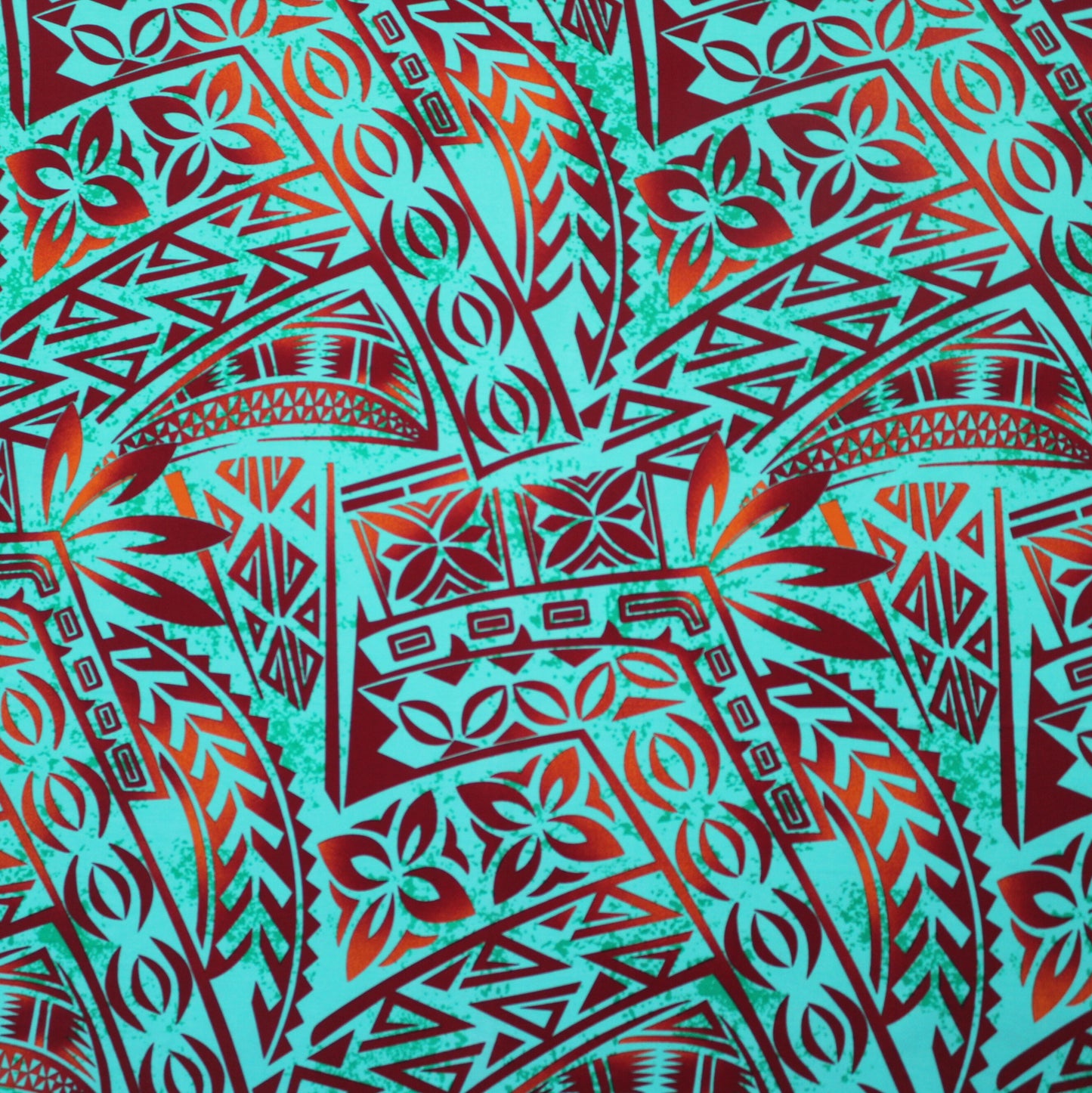 Samoan Rayon Print Fabric - Polynesian Design (Maroon and Orange on Mint Green) 44"x36"