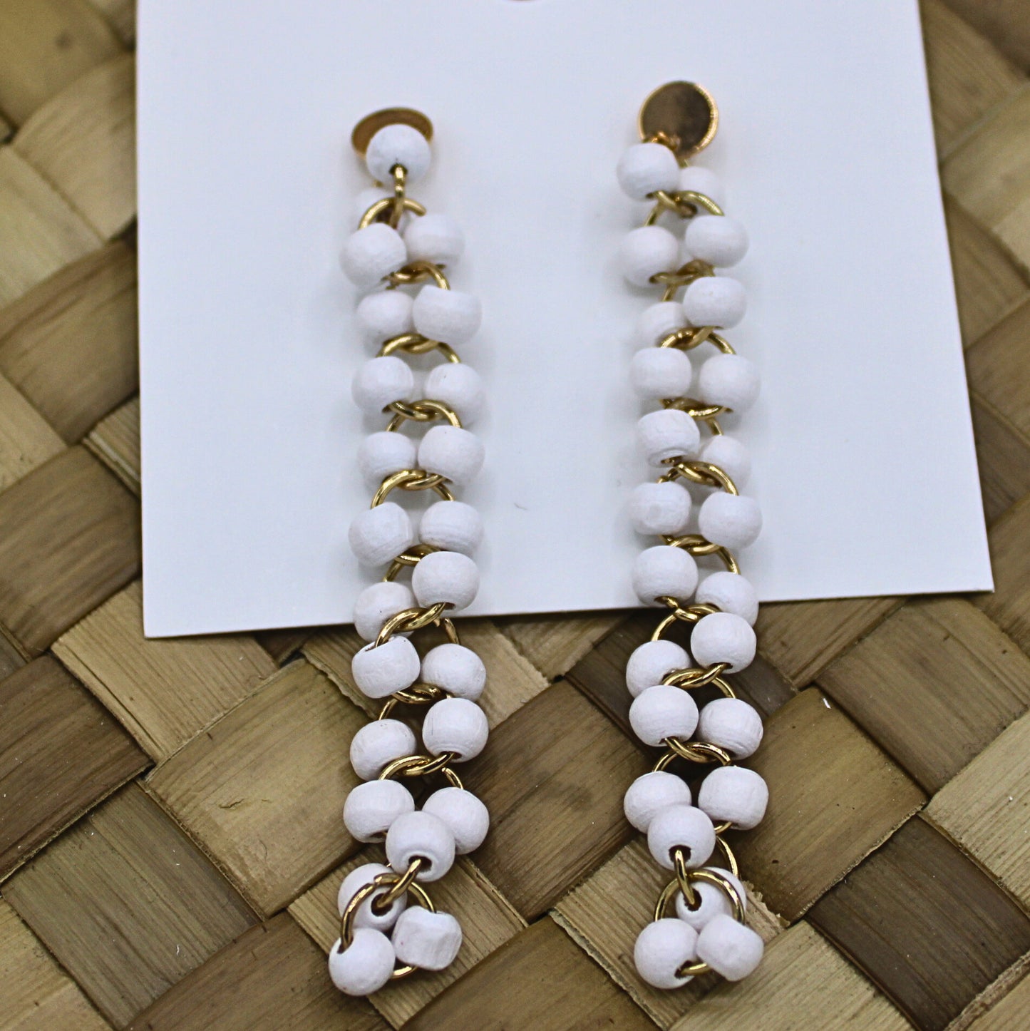 Wooden Beaded Long Drop Earrings with Studs -Authentic Samoan/ Polynesian White Earrings