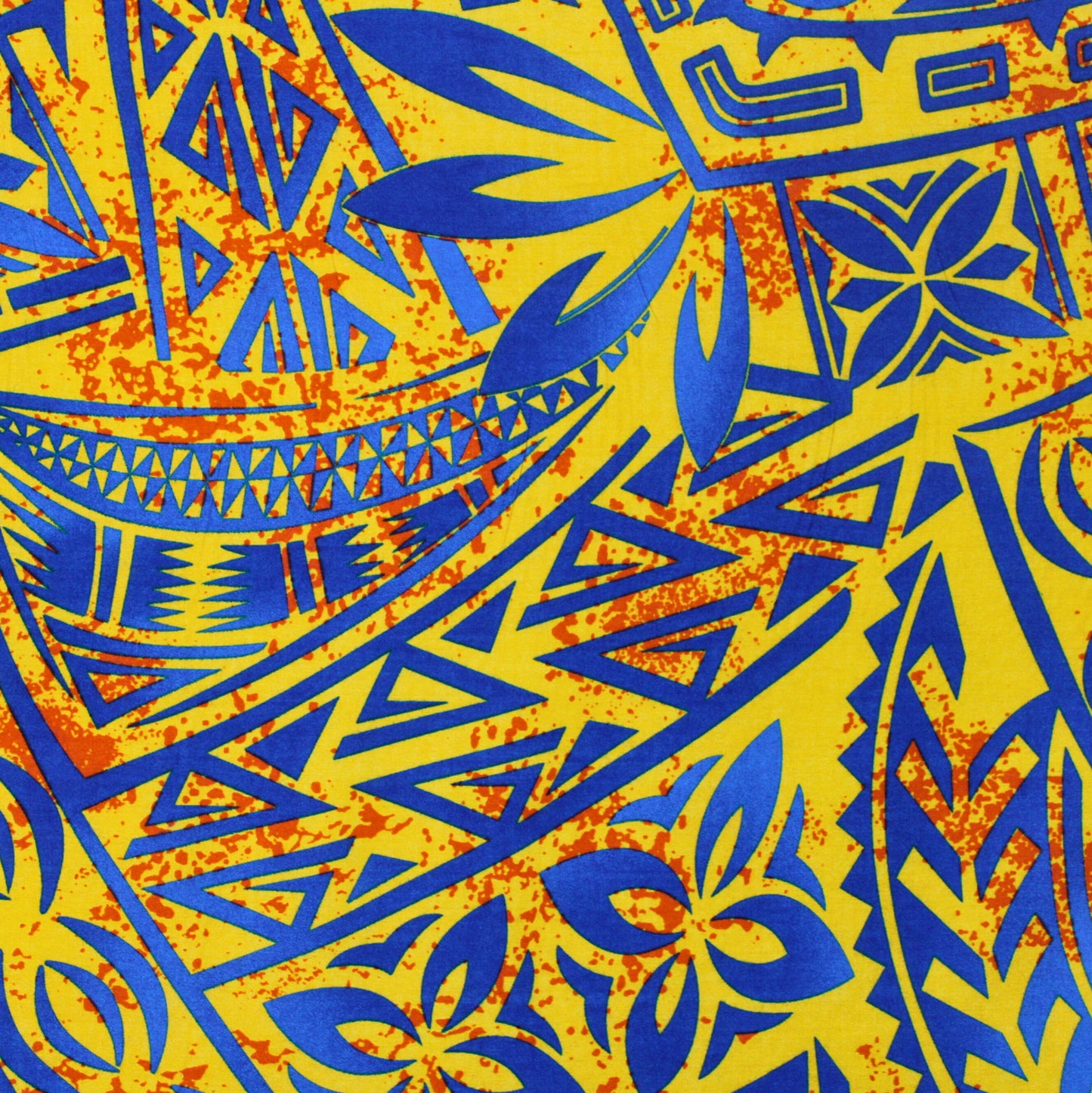 Samoan Rayon Print Fabric - Polynesian Design Seamless Pattern (Blue and Orange on Yellow) 44"x36"