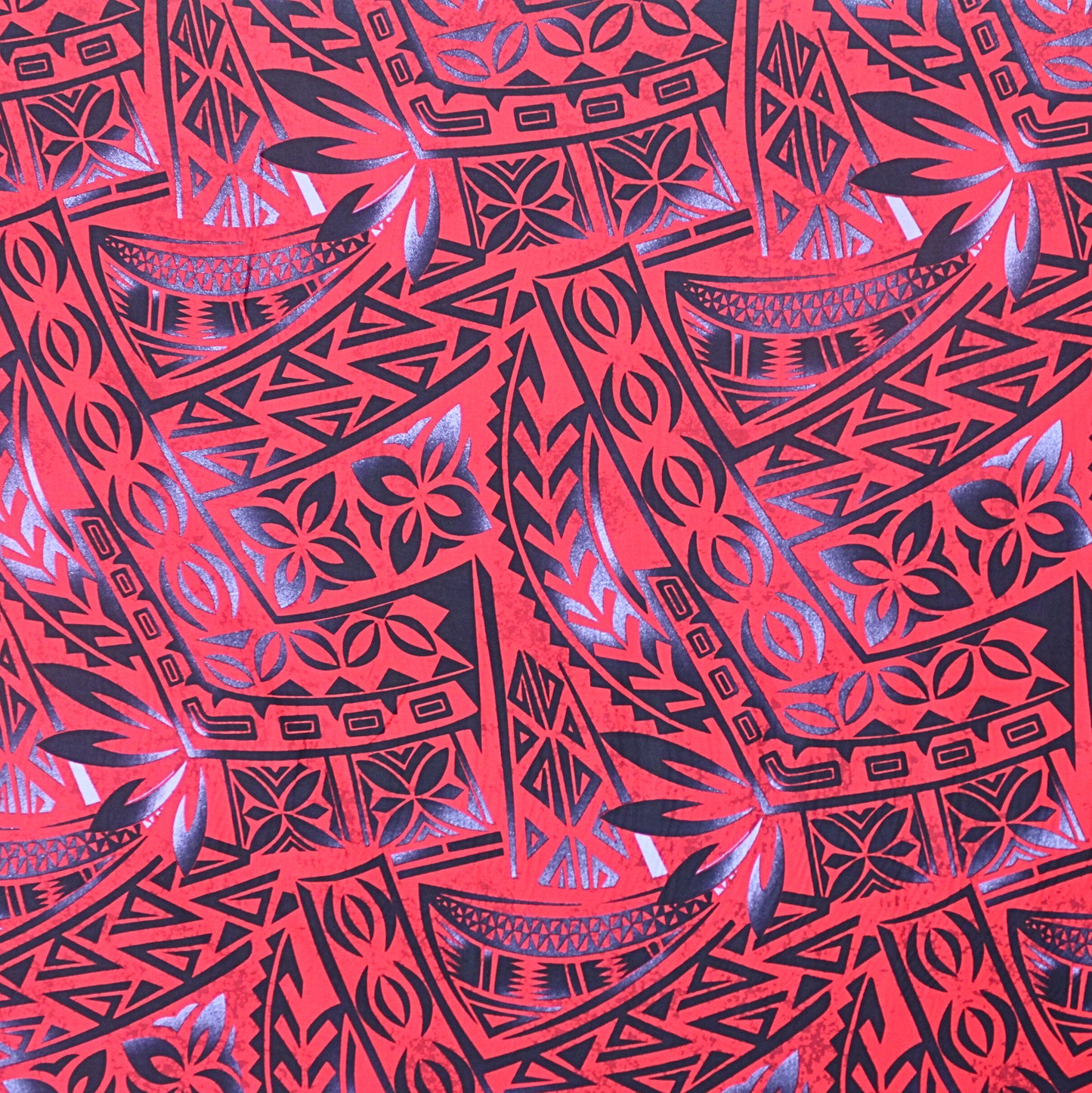 Samoan Rayon Print Fabric - Samoan Design Seamless Pattern (Black and Gray on Red) - 44"x36"