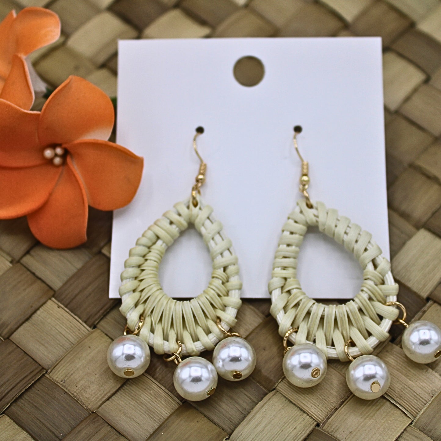 Rattan Teardrop Earrings with White Pearls-Authentic Samoan/Polynesian Earrings