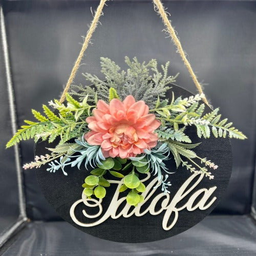 "Talofa" Door Hanger - Black Painted wood with orange flower design