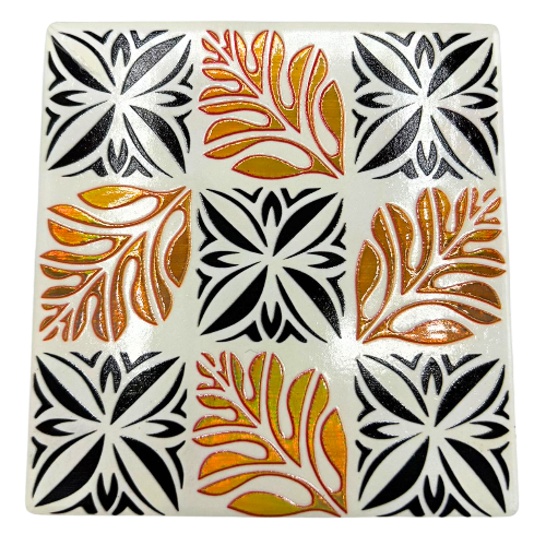 Ceramic Coaster with Leaves Design - White, Gold & Black