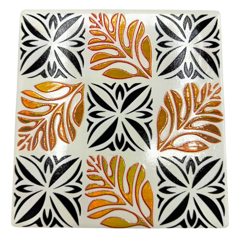 Ceramic coaster with leaves design, white, gold & black