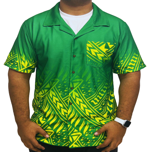 Green and Yellow Short Sleeve Polynesian Design Shirt