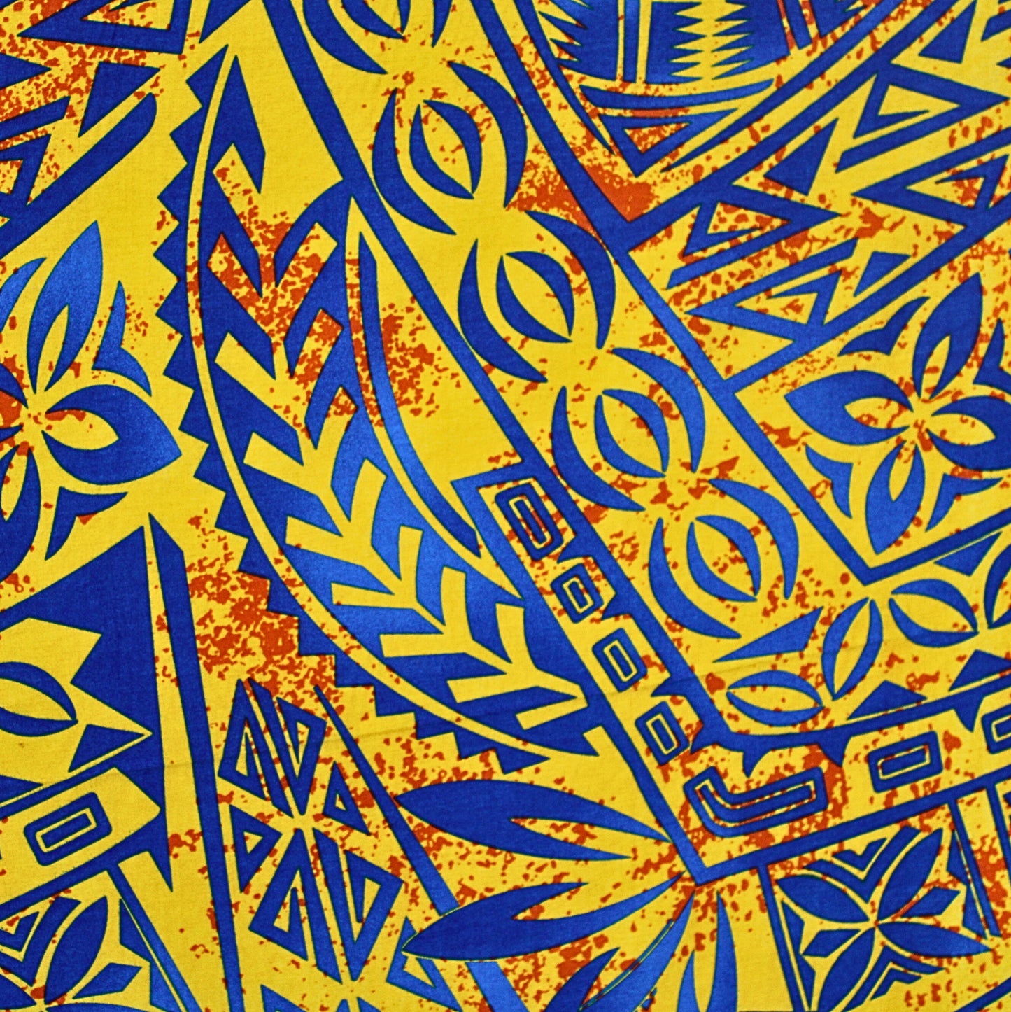 Samoan Rayon Print Fabric - Polynesian Design Seamless Pattern (Blue and Orange on Yellow) 44"x36"