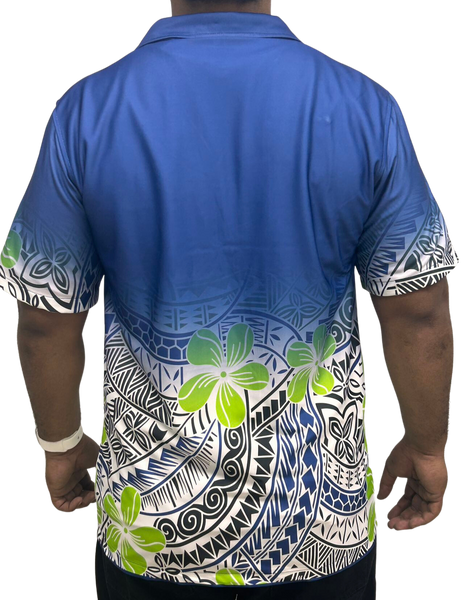 Blue & Neon Green Short Sleeve Polynesian Design Shirt