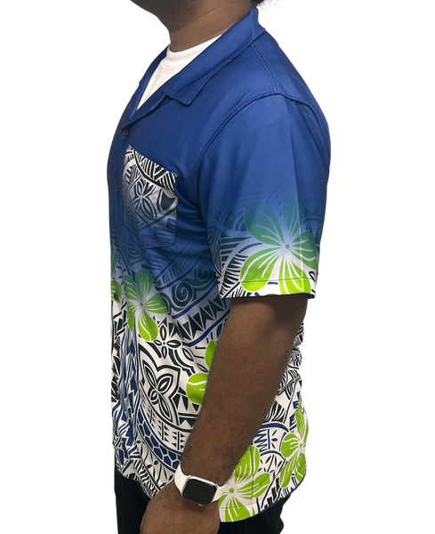Blue & Neon Green Short Sleeve Polynesian Design Shirt