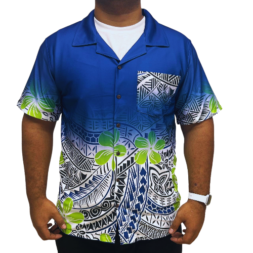 Blue & Neon Green Short Sleeve Polynesian Design Shirt