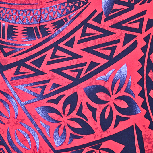 Samoan Rayon Print Fabric - Samoan Design Seamless Pattern (Black and Gray on Red) - 44"x36"