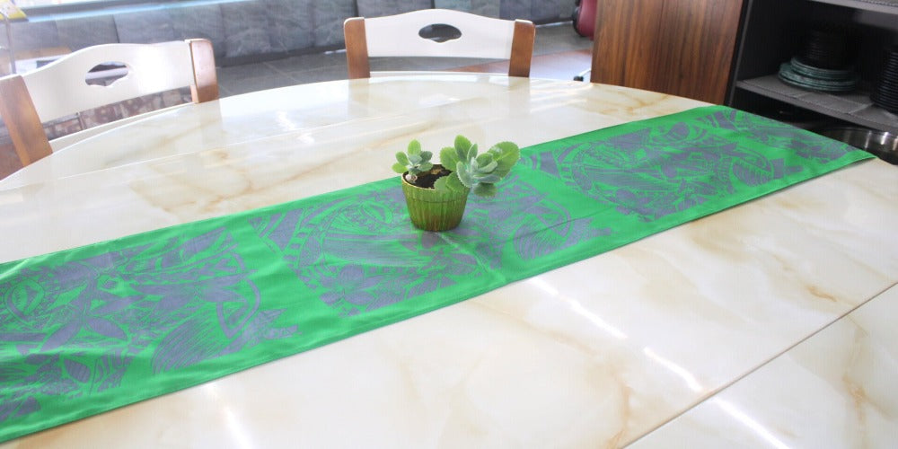 Polynesian Tribal in Green; Gray Table Runner, Polynesian Table Runner, Island Table Decoration, Artistic Design.