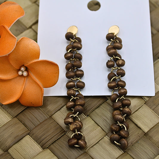 Wooden Beaded Long Drop Earrings with Studs-Authentic Samoan/Polynesian Earrings