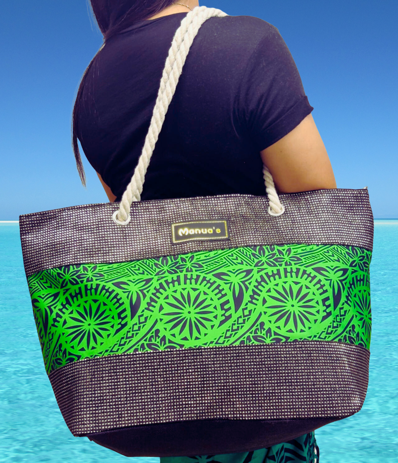 Samoan Design Tote Bag - Middle Print Black On Green