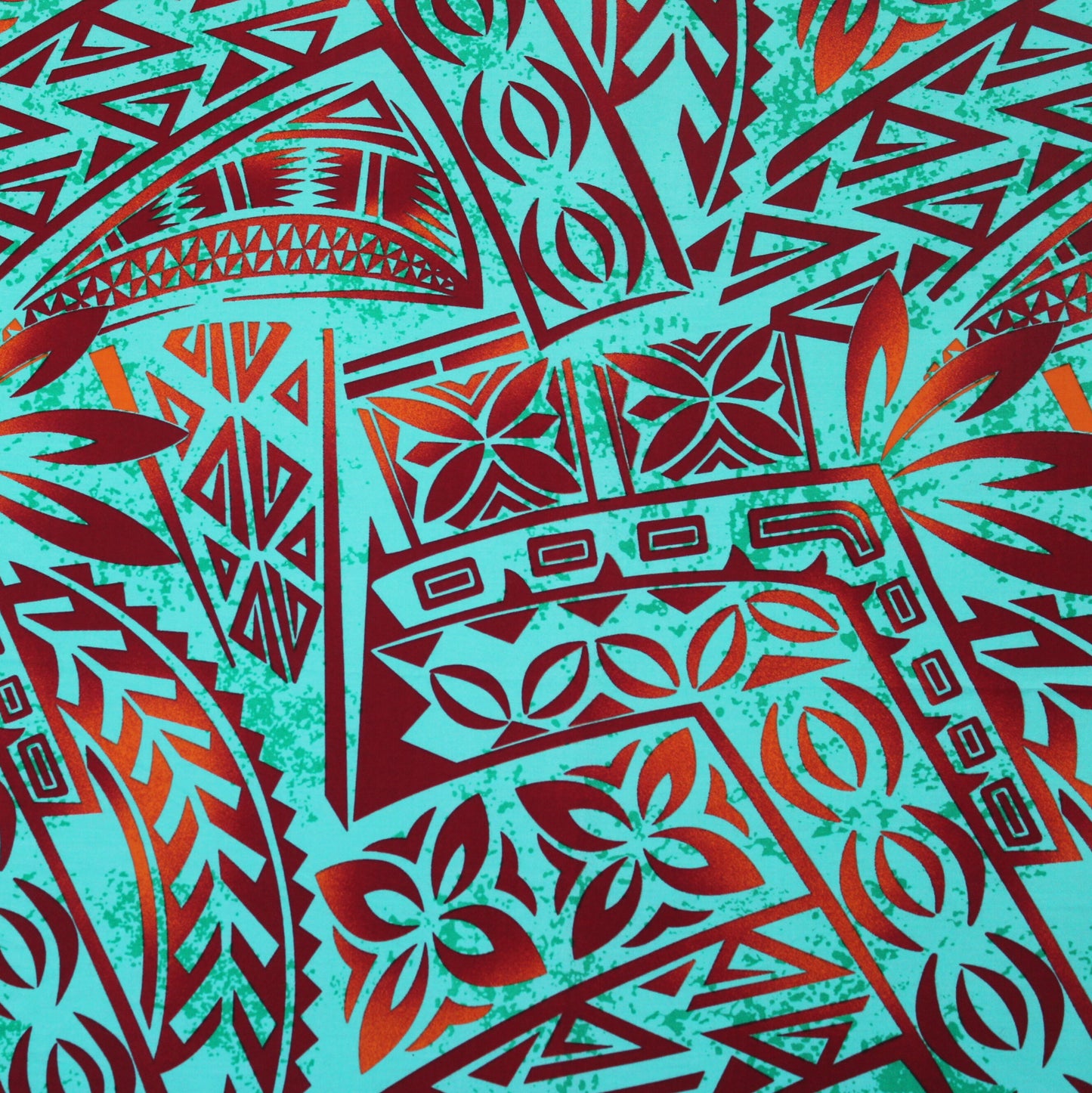 Samoan Rayon Print Fabric - Polynesian Design (Maroon and Orange on Mint Green) 44"x36"