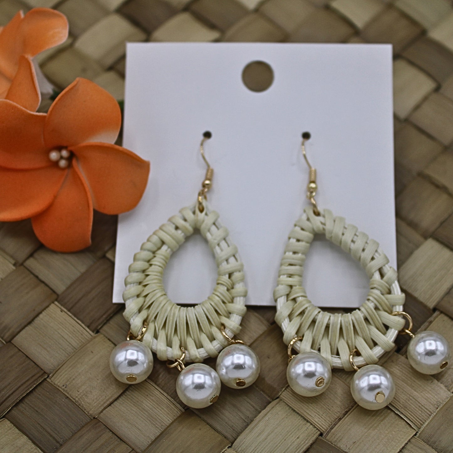 Rattan Teardrop Earrings with White Pearls-Authentic Samoan/Polynesian Earrings