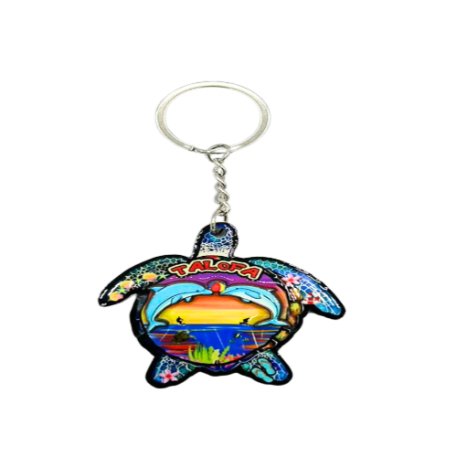 Island Style turtle shape key chain, two dolphin & surfer design