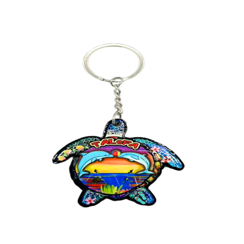 Island Style turtle shape key chain, two dolphin & surfer design