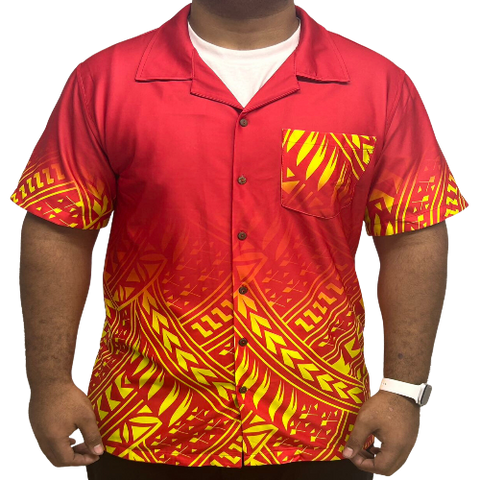 Polynesian Short Sleeve Shirt Tribal Design Red and Sunset Orange