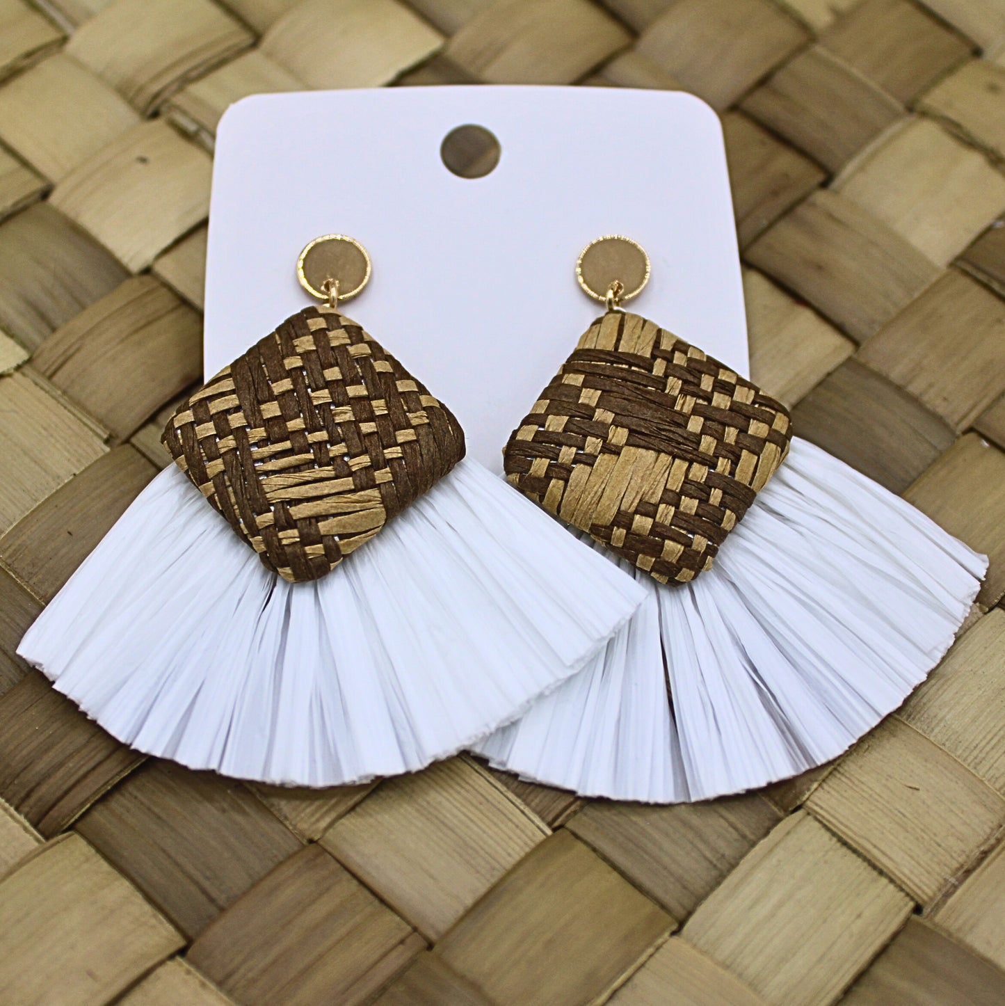 Rattan White Tassel Stud Drop  Earrings-Authentic Samoan/Polynesian Earrings