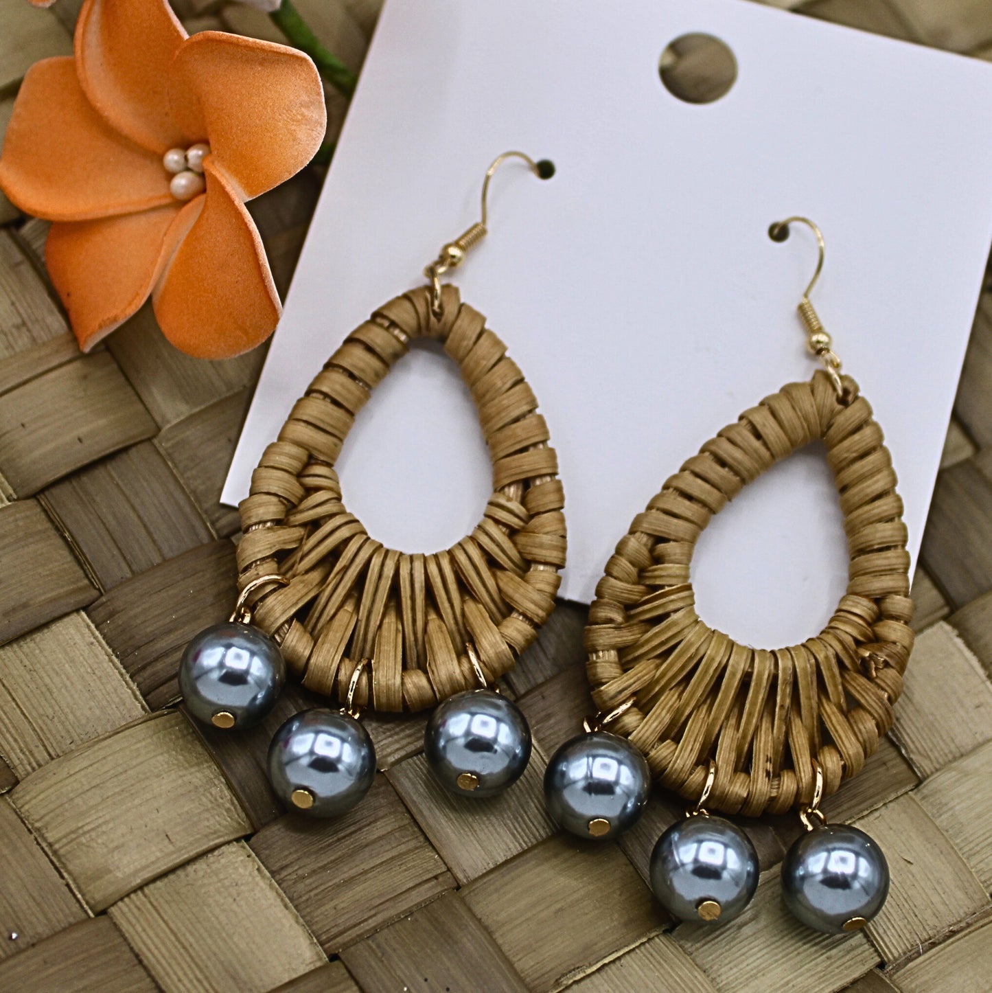 Rattan Teardrop Earrings with Gray Pearls-Authentic Samoan/Polynesian Earrings