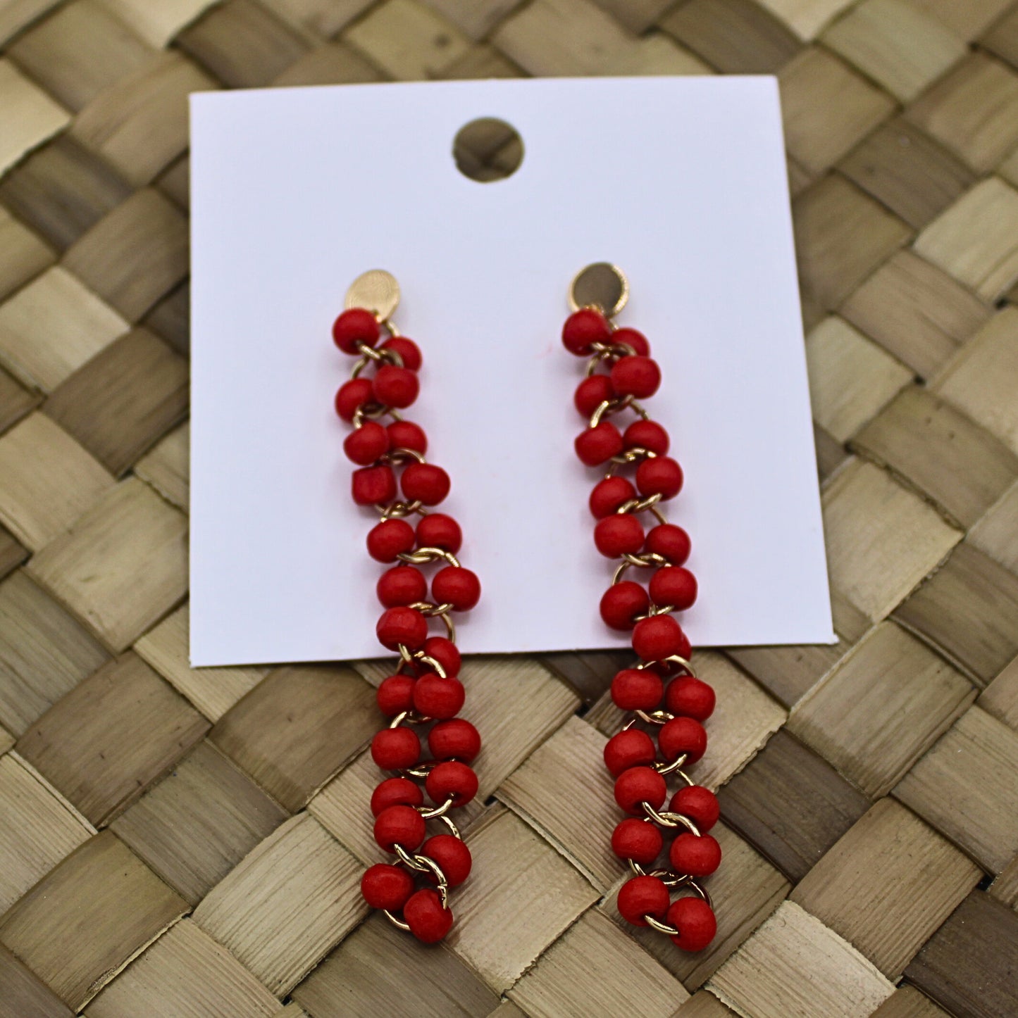 Red Beaded Long Drop Earrings with Studs-Authentic Samoan/Polynesian Earrings