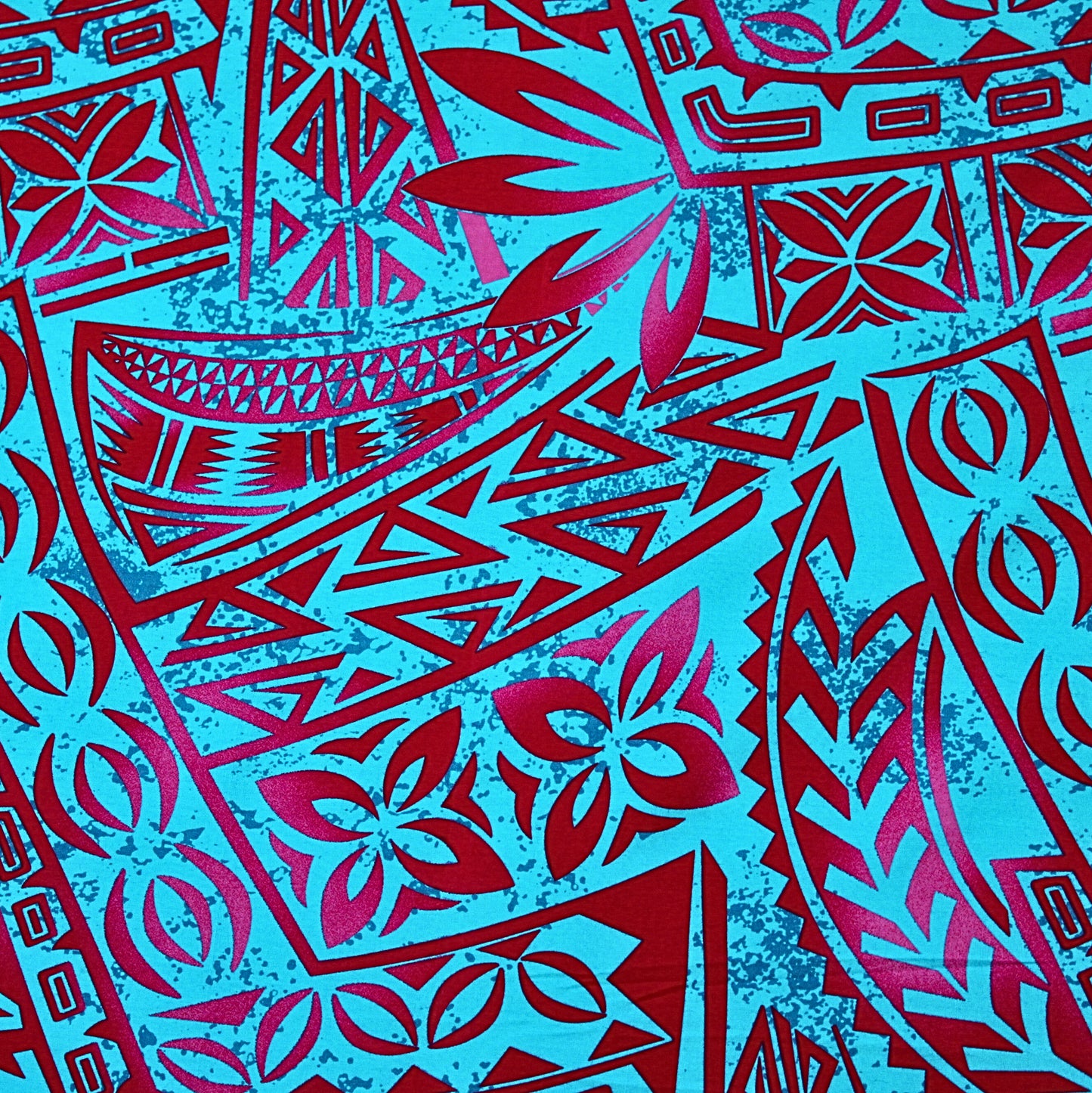 Samoan Rayon Print Fabric - Polynesian Design Seamless Pattern (Pink and Red on Blue) 44"x36"