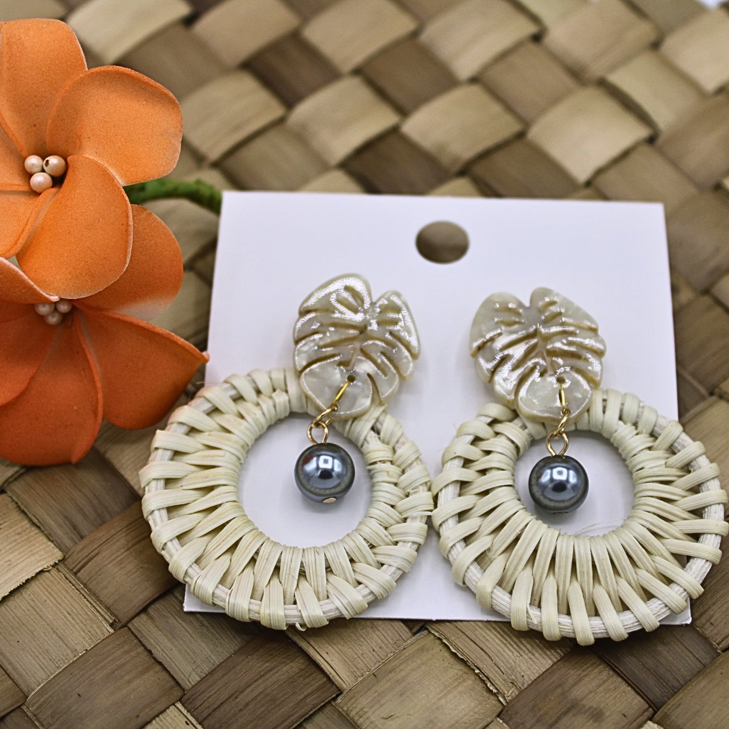 Woven Rattan Earrings with Abalone Shell and Gray Pearls-Authentic Samoan/Polynesian Earrings