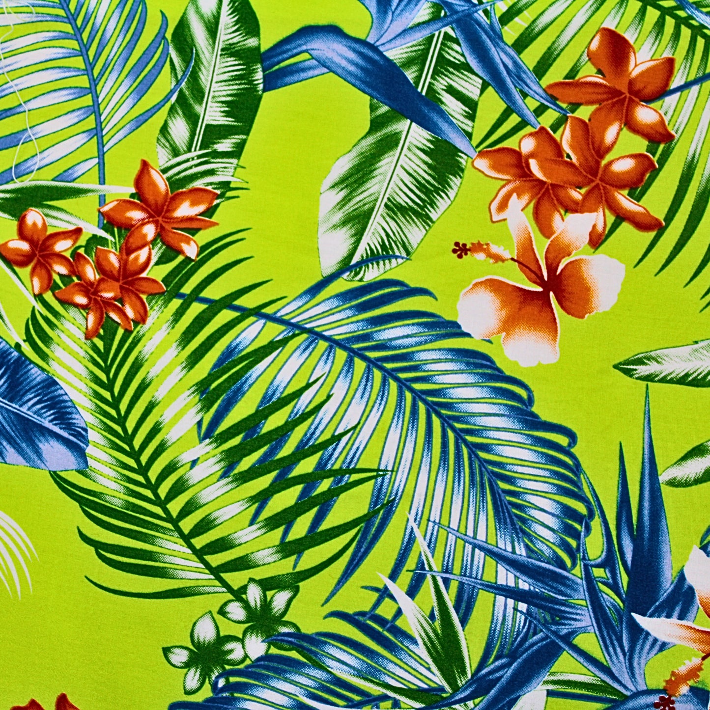 Samoan Rayon Print Fabric - Tropical Seamless Pattern with Leaves and Flowers on Light Green