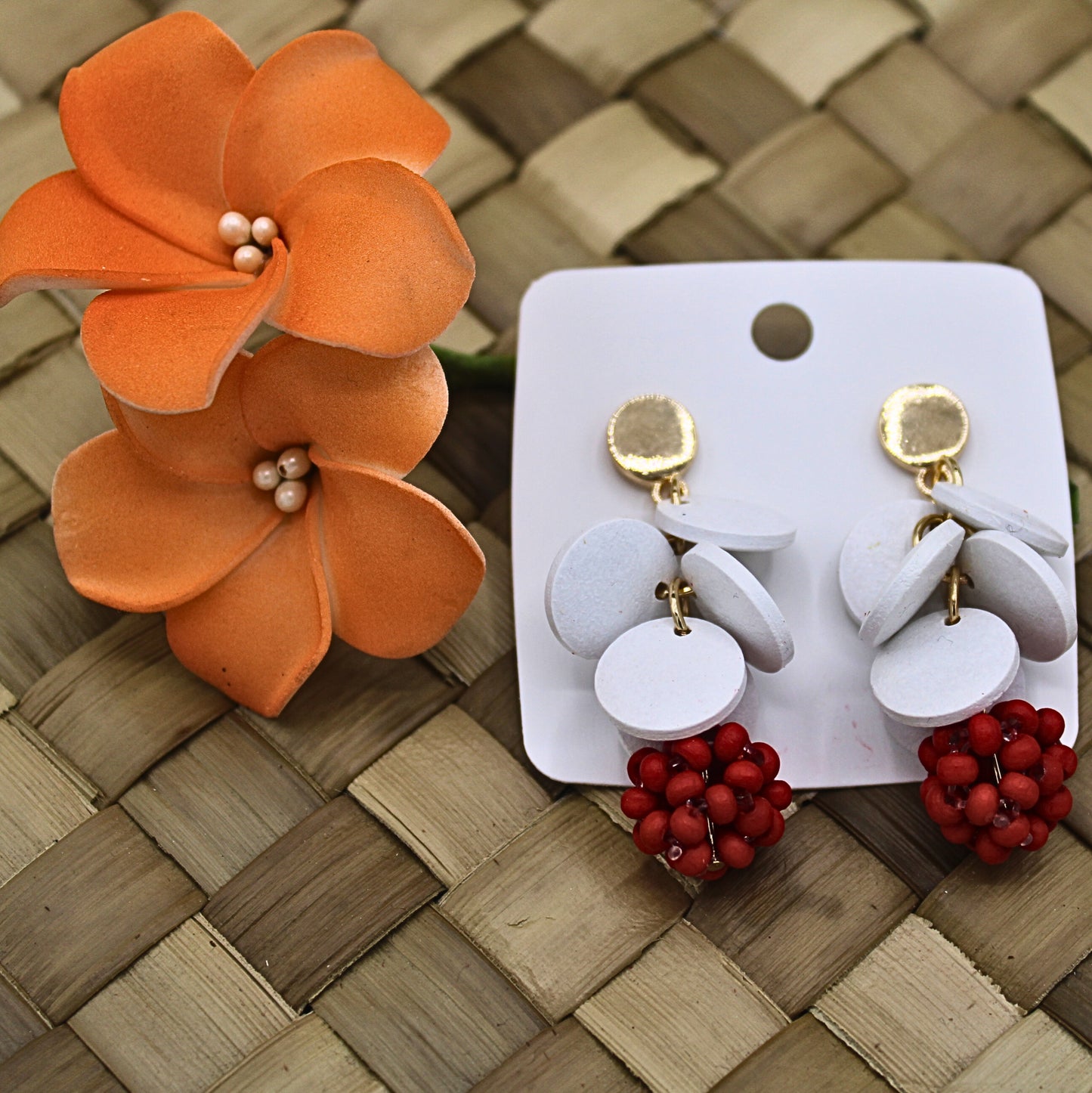 Round White Ethnic Style Earrings with Red Beads-Authentic Samoan/Polynesian Earrings