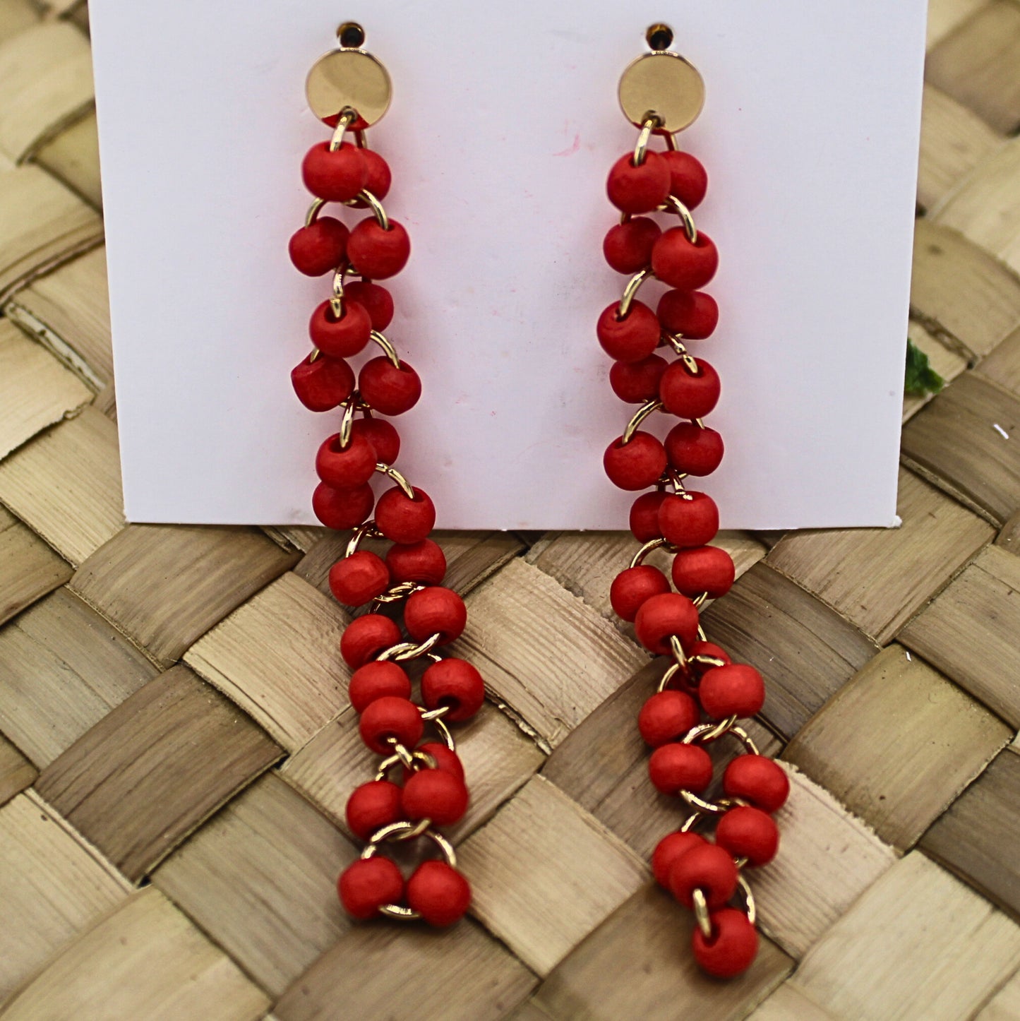 Red Beaded Long Drop Earrings with Studs-Authentic Samoan/Polynesian Earrings