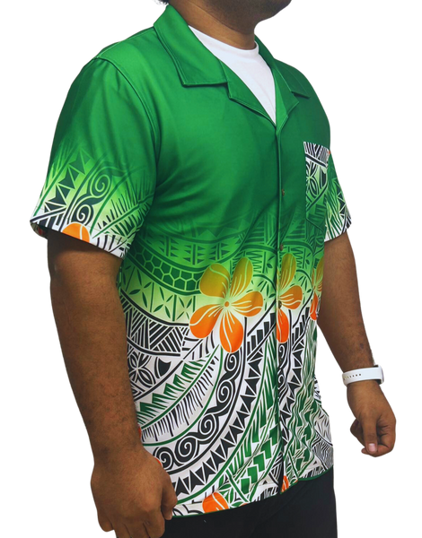 Polynesian Short Sleeve Shirt Green with orange flower