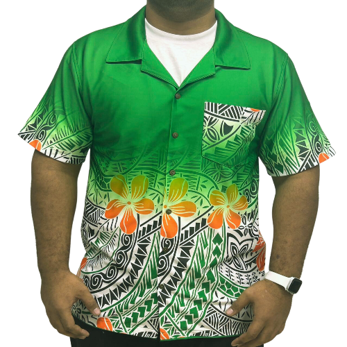 Polynesian Short Sleeve Shirt Green with orange flower