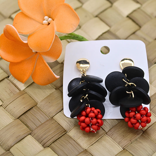 Round Black Ethnic Style Earrings with Red Beads - Authentic Samoan/Polynesian Stud Drop Earrings