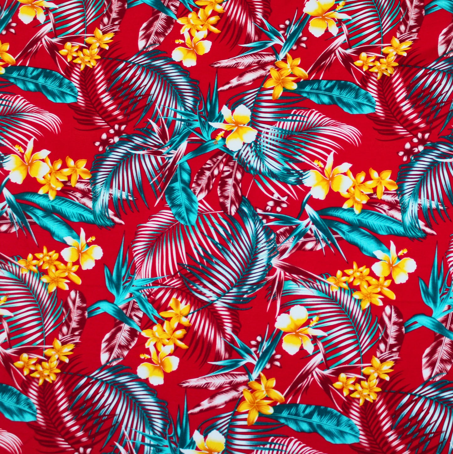 Samoan Rayon Print Fabric - Samoan Design Seamless Pattern (Teal and Yellow on Red ) 44"x36"